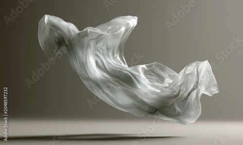 Suspended fabric drifts in calm air, capturing subtle folds and reflections
