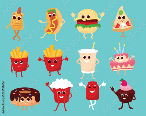 Photography Set of cute characters popcorn, french fries, donut, hot dog, pizza, muffin, cake, soda in cartoon style