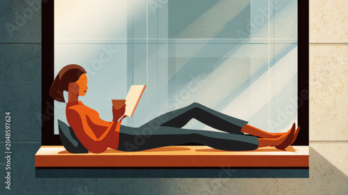 Young woman sitting on a windowsill reading a book and drinking coffee in a cozy modern apartment room with soft morning sunlight streaming through the glass window pane