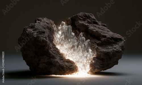 Semi-precious crystal formation in dark rock, illuminated from within