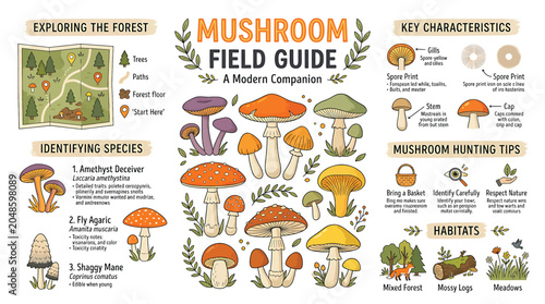 Colorful Mushroom Field Guide Illustration Chart.