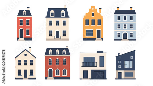 Obraz na plátne Set of colorful flat townhouse and house facade vectors
