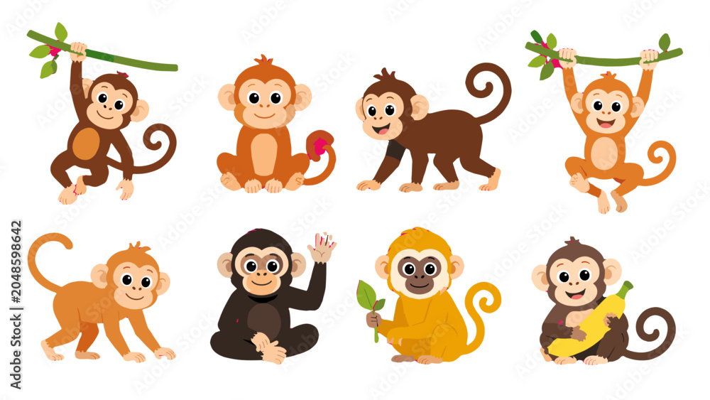 Fototapeta premium Set of cute cartoon monkeys in different playful poses