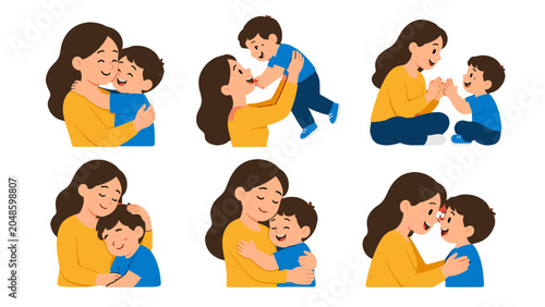 Vászonkép Mother and child affectionate moments cartoon vector set