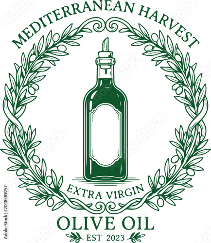Mediterranean harvest extra virgin olive oil bottle with wreath seal est 2023 vintage illustration.