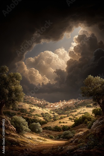 Dramatic landscape with ancient city in valley under stormy clouds in classic painting style