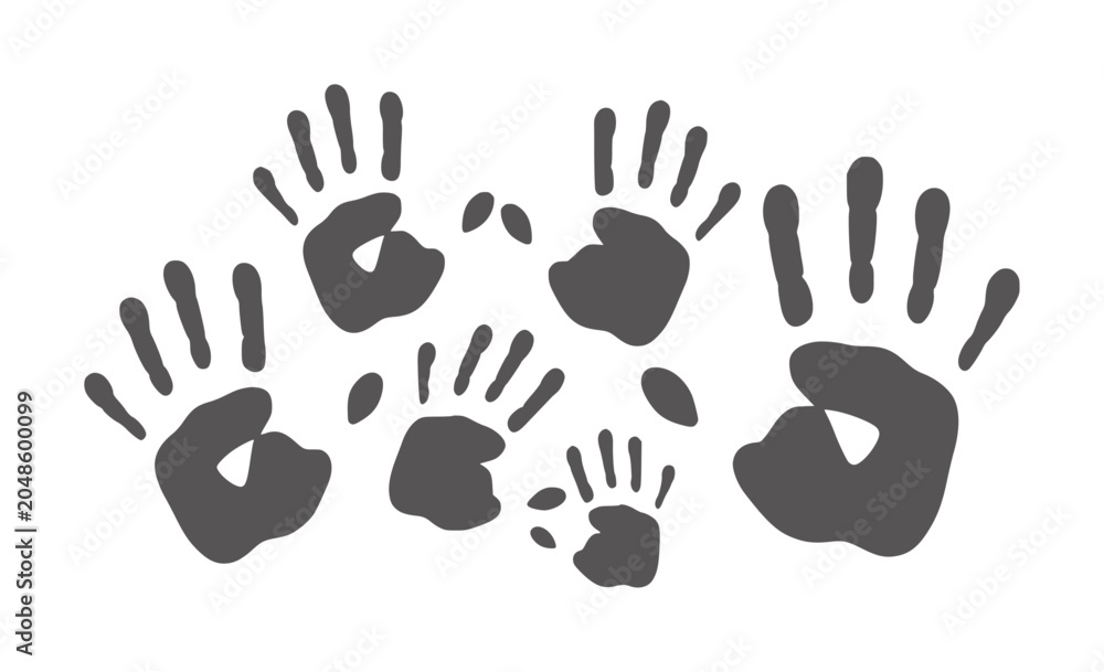 Fototapeta premium Diverse dark gray handprints and small dots white