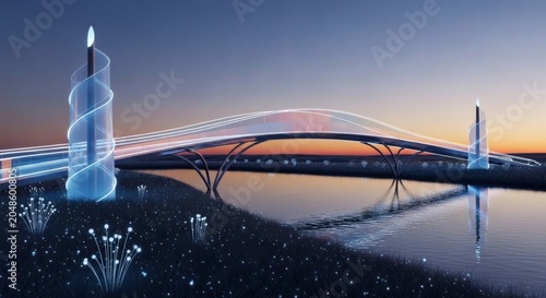 Futuristic bridge with glowing towers at sunset over water