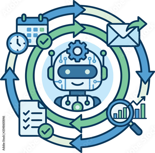 A robot surrounded by arrows and icons representing a cyclical process of automation and productivity