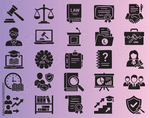 Collection of legal and education icons including law books judge gavel and graduation symbols