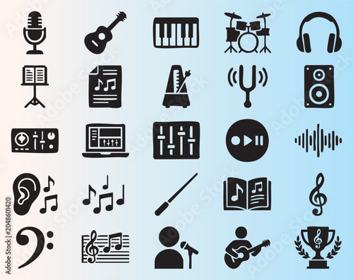 Collection of music and audio icons including instruments sound waves and recording tools