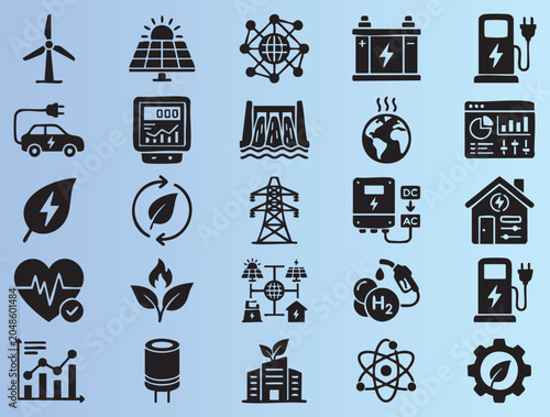 Collection of renewable energy and ecofriendly technology icons in modern design style