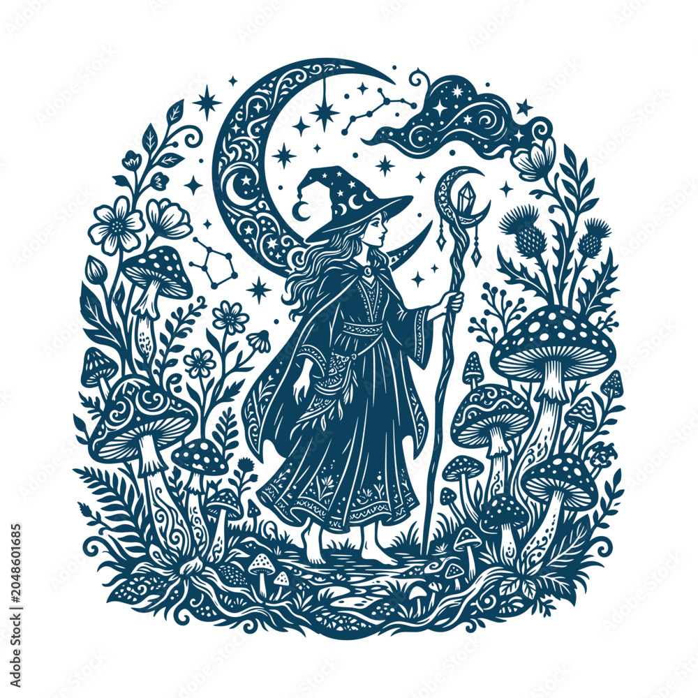 Fototapeta premium Enchantress in Moonlit Forest Fantasy Illustration