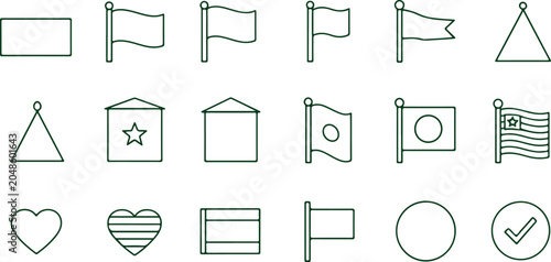Set of simple line art icons including flags shapes heart and checkmark representing national symbols and general signs.