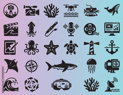 Colorful collection of marine technology and underwater life icons isolated on transparent background