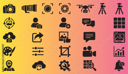 Colorful collection of photography and videography icons for creative projects and media editing needs