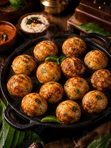 Traditional South Indian Kuzhi Paniyaram in Seasoned Cast Iron Appe Pan with Chutneys