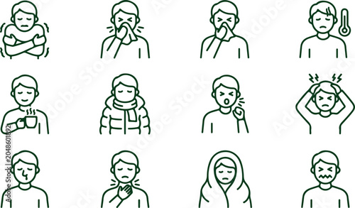 Schilderij op canvas Icons depicting people with common cold symptoms like sneezing, coughing, and feeling cold