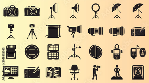 Comprehensive collection of photography and videography icons with various equipment and accessories illustration