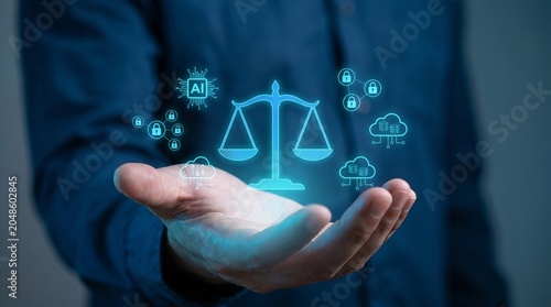 Digital legal framework and ethical considerations represented by glowing justice scales above a hand, surrounded by AI, cybersecurity, and data protection icons