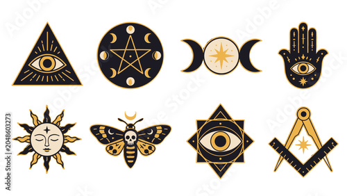 Tableau sur toile Set of mystical occult symbols in black and gold vector style