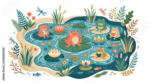 Принти на полотні Frogs sitting on lily pads pond.