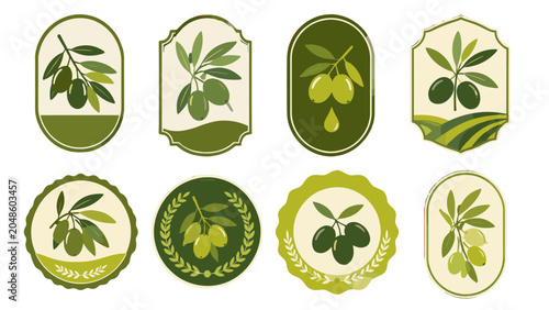 Set of green olive labels and badges in vintage vector style