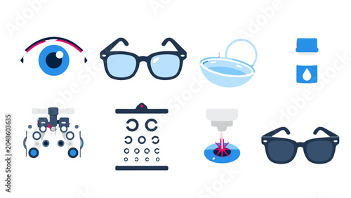 Foto Eye care and vision test flat vector icon set