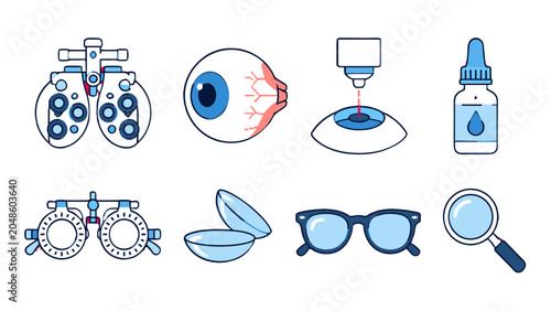 Photos Eye care and vision testing icons set in flat vector style