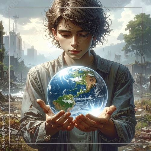 Hand holding Earth globe in devastated landscape symbolizing climate change and environmental responsibility