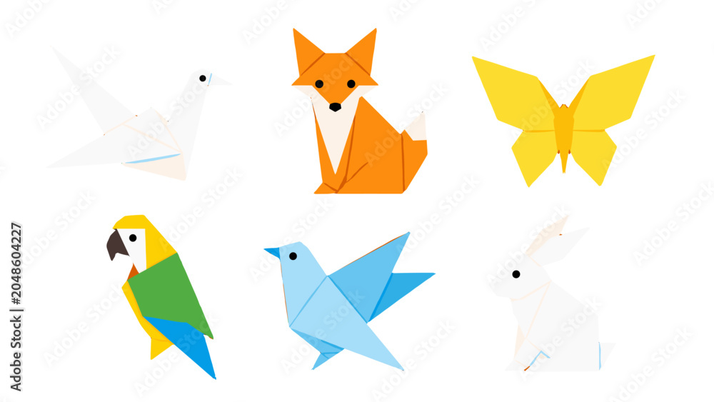 Naklejka premium Set of colorful origami animals and birds on white background