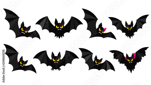 Foto Set of black cartoon bats with yellow eyes in flight
