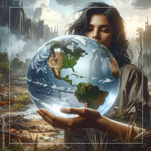 Hand holding Earth globe in devastated landscape symbolizing climate change and environmental responsibility