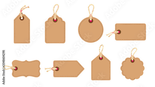 Fotografi Set of blank brown gift tags in assorted shapes with string