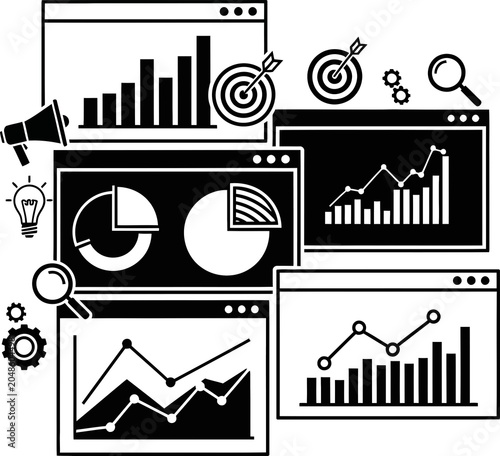 Business strategy and marketing data dashboard icons with growth charts and planning tools symbols