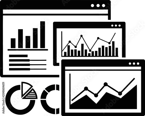 Collection of business data visualization tools and analytical dashboard windows for professional corporate performance tracking
