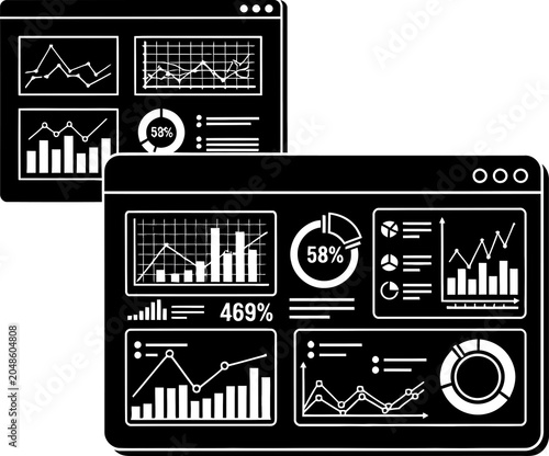 Comprehensive business intelligence dashboard interface featuring percentage indicators and complex financial chart data visualization vector elements