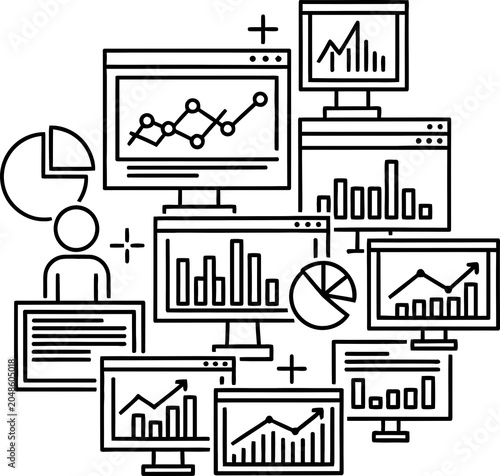 Linear outline business data analytics dashboard elements with charts and graphs for professional reporting