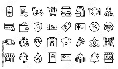 Online Food Purchase and Special Discount Promotion Outline Icon Pack with Editable Stroke