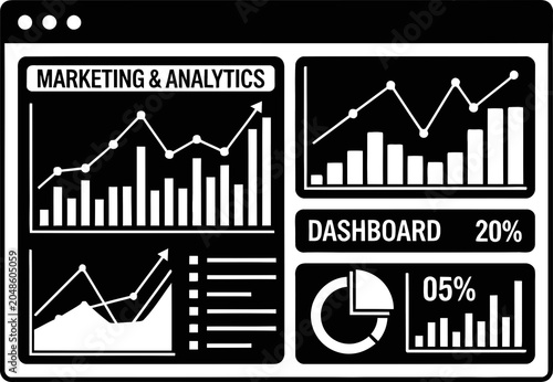 Marketing and analytics dashboard interface with bar charts and line graphs for business data visualization
