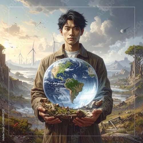 Hand holding Earth globe in devastated landscape symbolizing climate change and environmental responsibility
