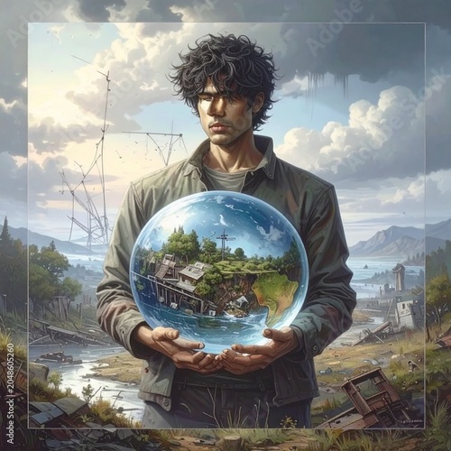 Hand holding Earth globe in devastated landscape symbolizing climate change and environmental responsibility