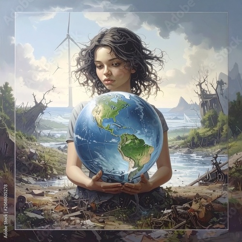 Hand holding Earth globe in devastated landscape symbolizing climate change and environmental responsibility