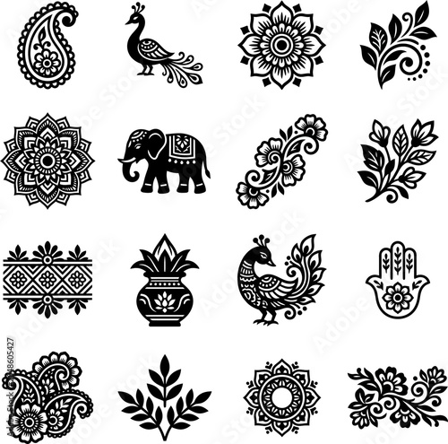 Professional set of decorative indian style motifs featuring mandalas peacocks and traditional cultural floral ornament patterns