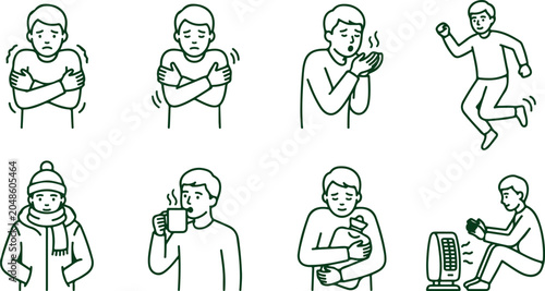 Cuadro en lienzo Set of line icons showing people feeling cold and trying to warm up with different methods of staying warm