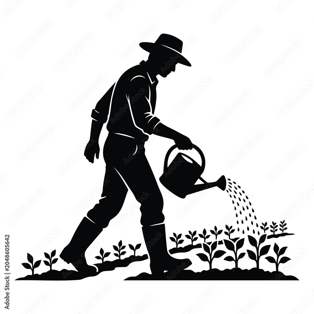 Fototapeta premium Farmer watering plants in garden with watering can on white background