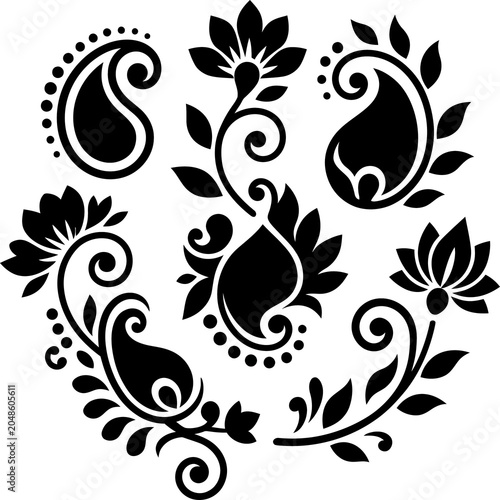 Set of separate decorative floral and paisley elements for creative design projects and traditional patterns