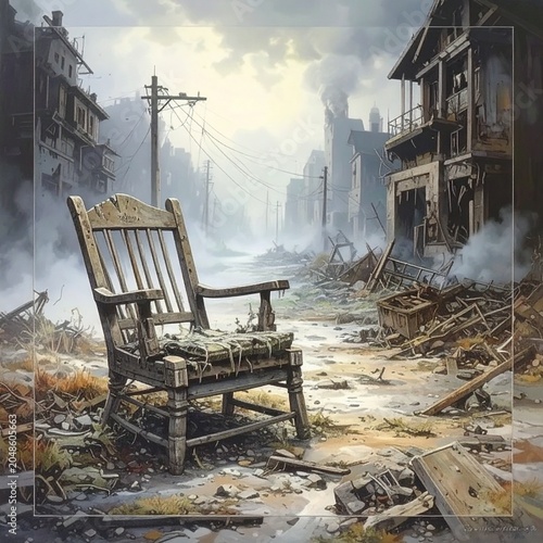 Abandoned rocking chair in post-apocalyptic city street surrounded by ruins and destruction