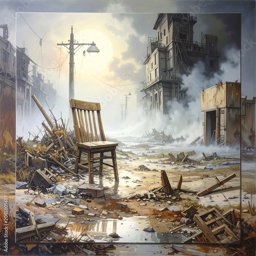 Abandoned rocking chair in post-apocalyptic city street surrounded by ruins and destruction