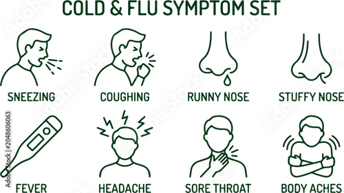 Cold and flu symptom icons set line art for illness and health conditions sneezing coughing runny stuffy nose fever.